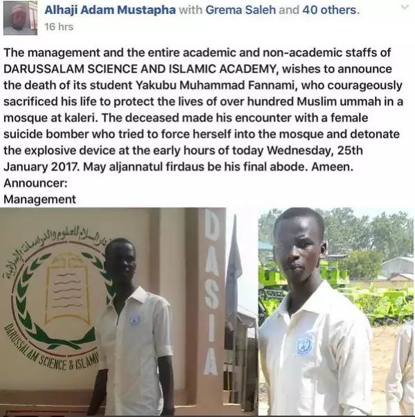 Student Who Sacrificed His Life To Save Over 100 People In Borno Yesterday (See Photos)